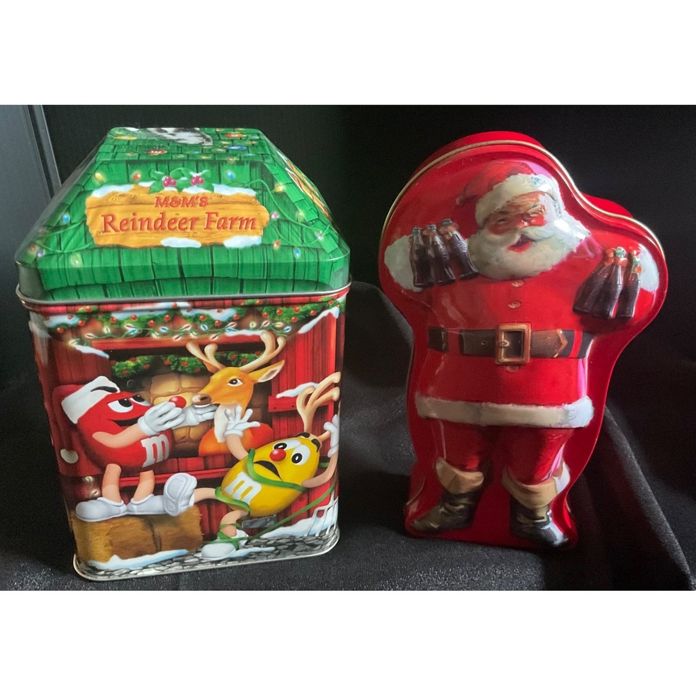 LOT 2 CHRISTMAS COLLECTIBLE TIN BOXES SANTA COKE TIN, M&M'S REINDEER HOLIDAY TIN - Picture 7 of 7